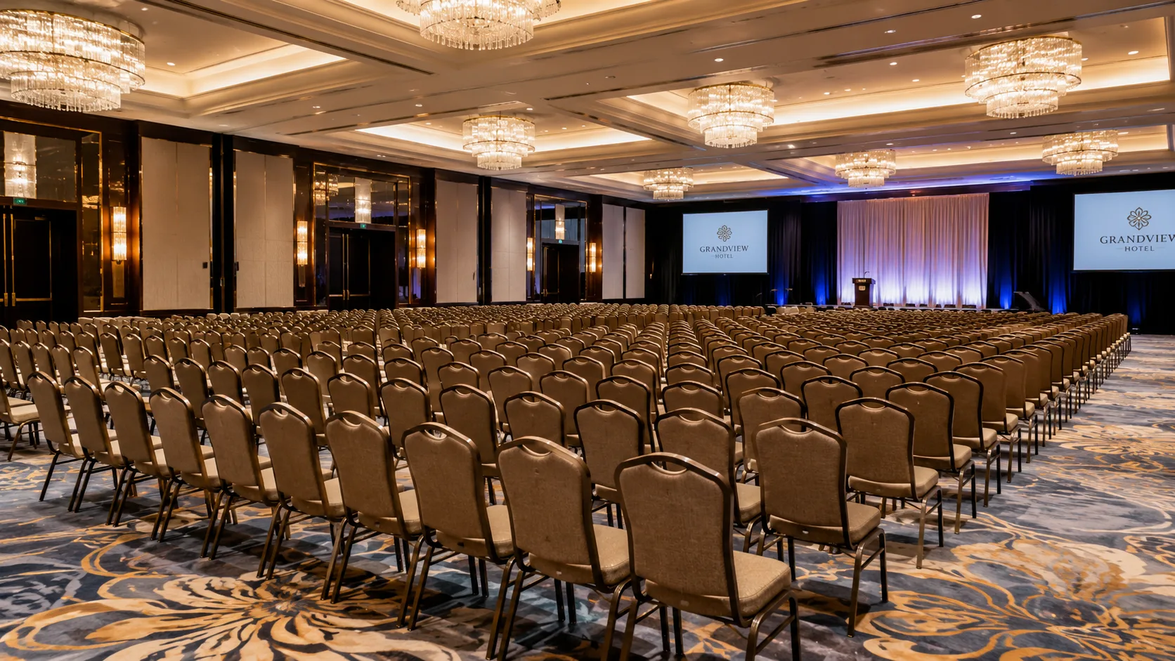 Tables and banquet chairs arranged in a commercial event space