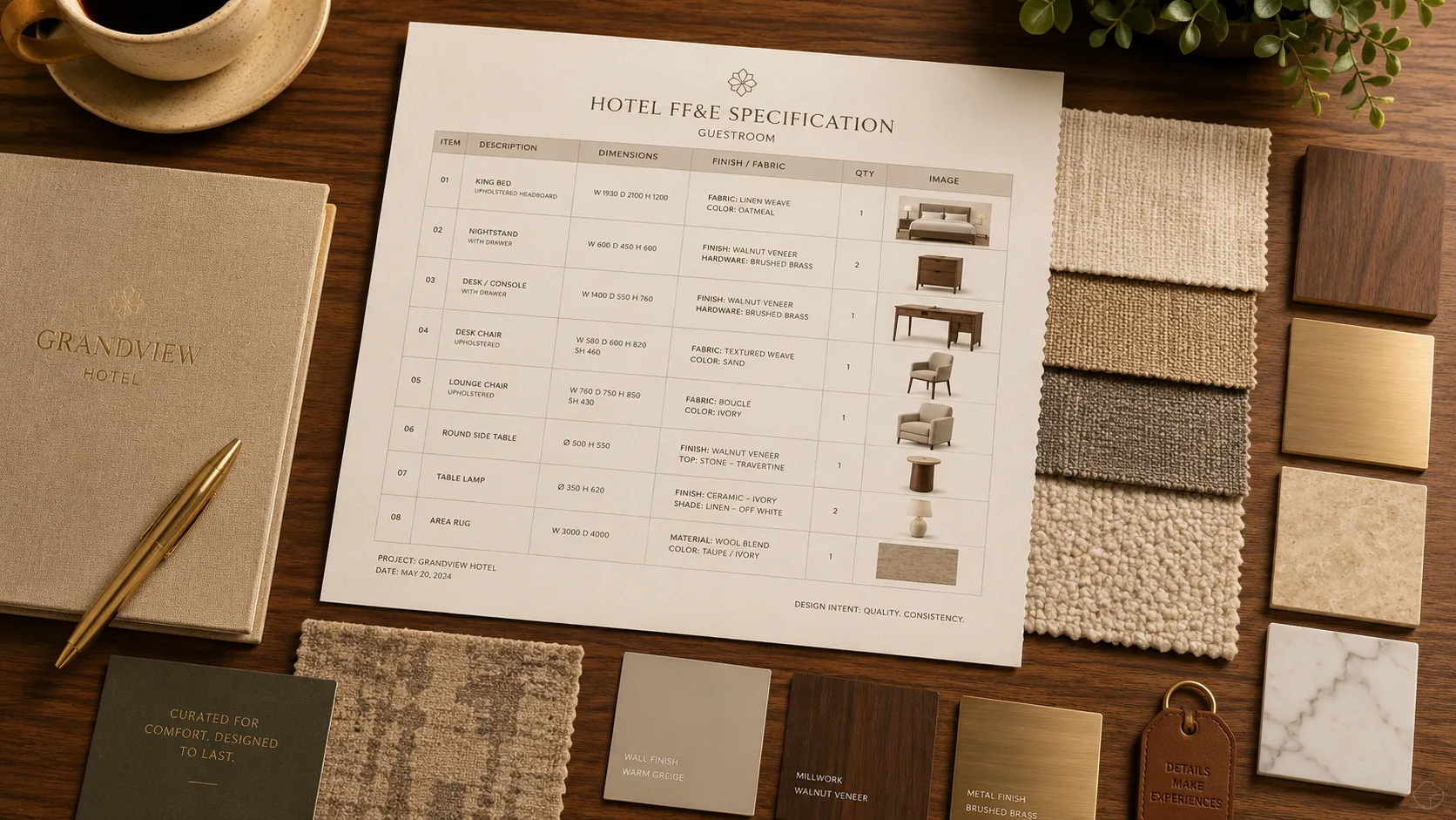 Hotel FF&E specification swatches showing fabric and finish selection process