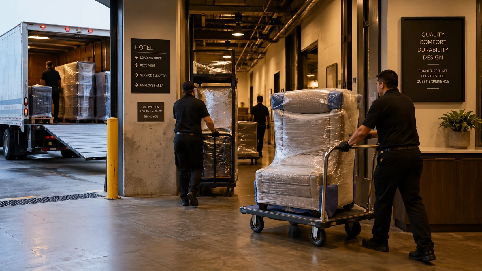 Hotel furniture delivery at loading dock showing commercial furniture receiving process