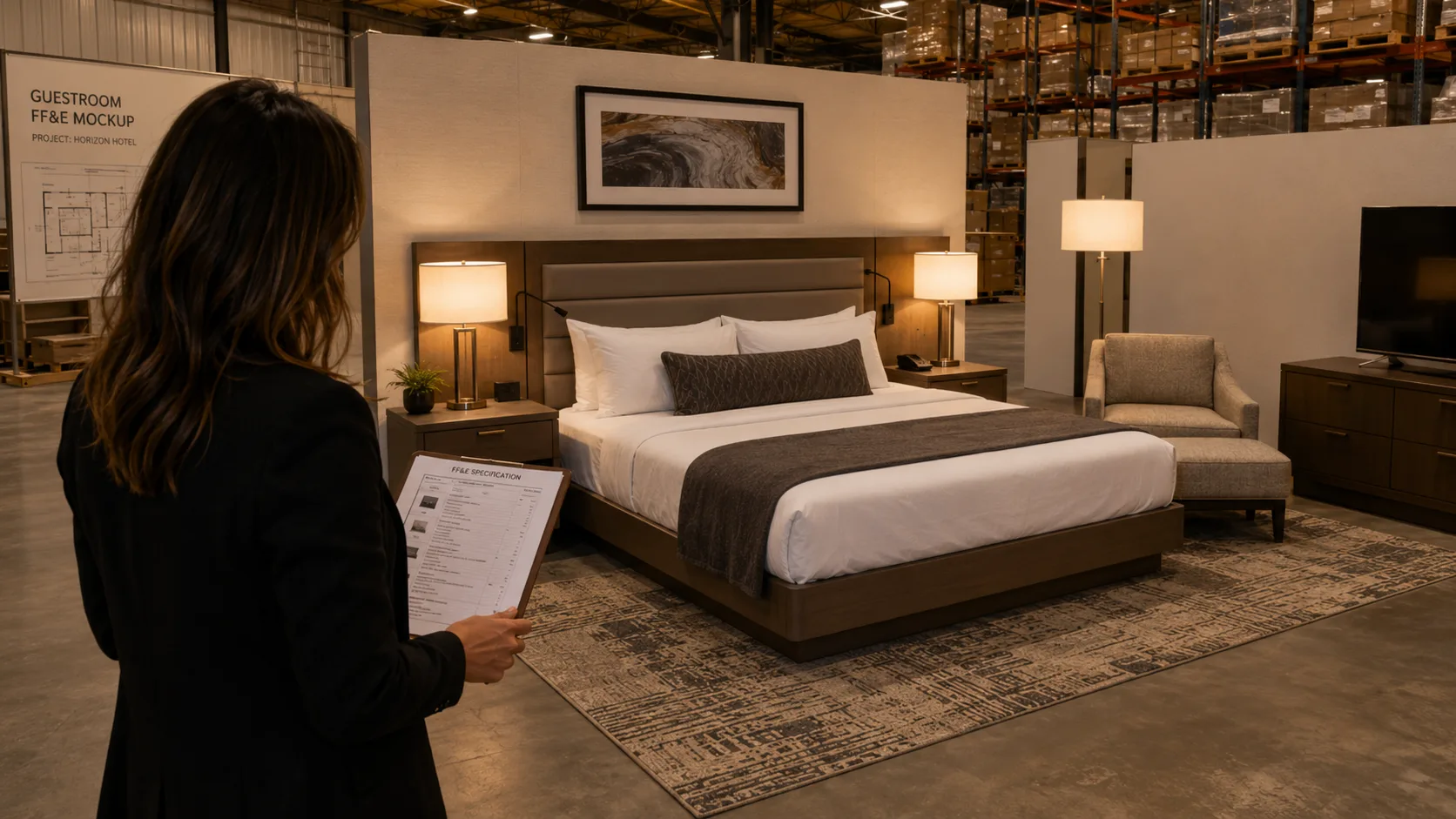 Hotel furniture mockup review on tablet showing room design preview