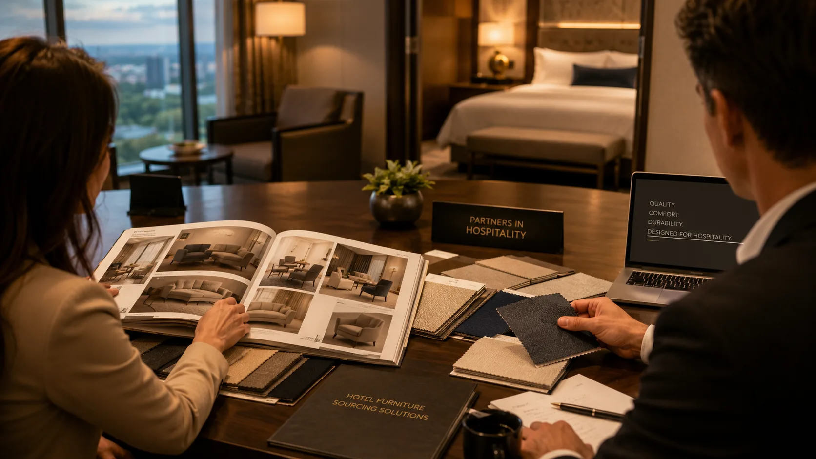 Hotel furniture procurement consultation showing FF&E specialist reviewing specifications