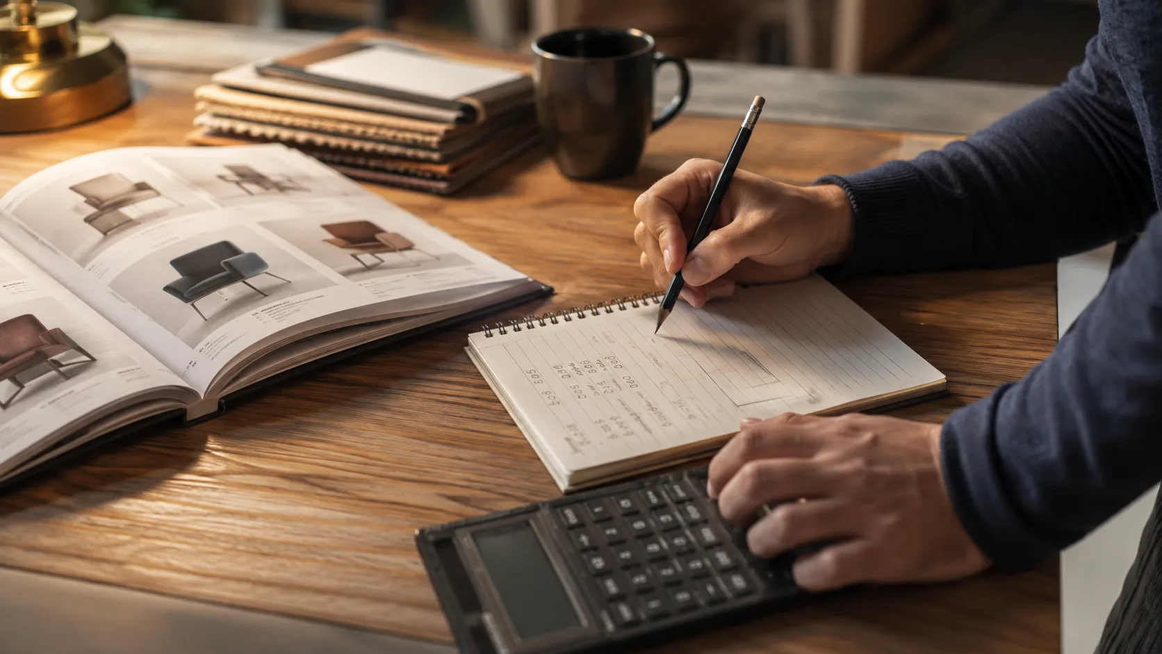 Commercial furniture order quantity calculation showing item quantities and project costs