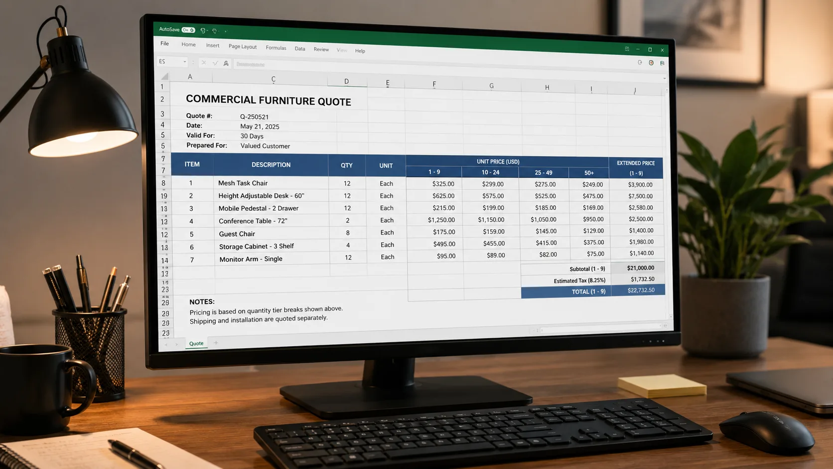 Commercial furniture wholesale quote spreadsheet showing itemized costs