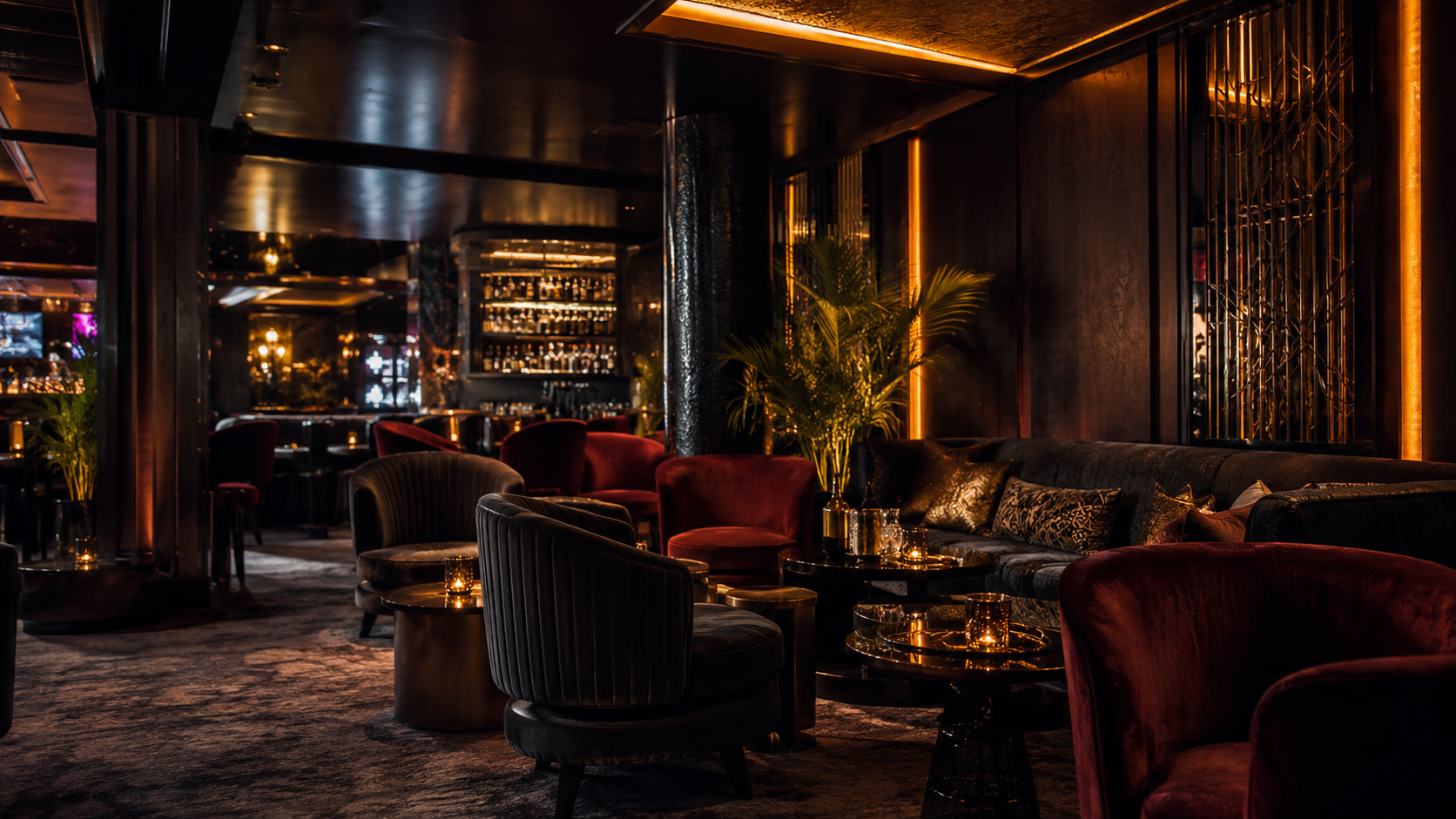 Bar and nightclub VIP lounge with velvet seating showing premium commercial upholstered seating