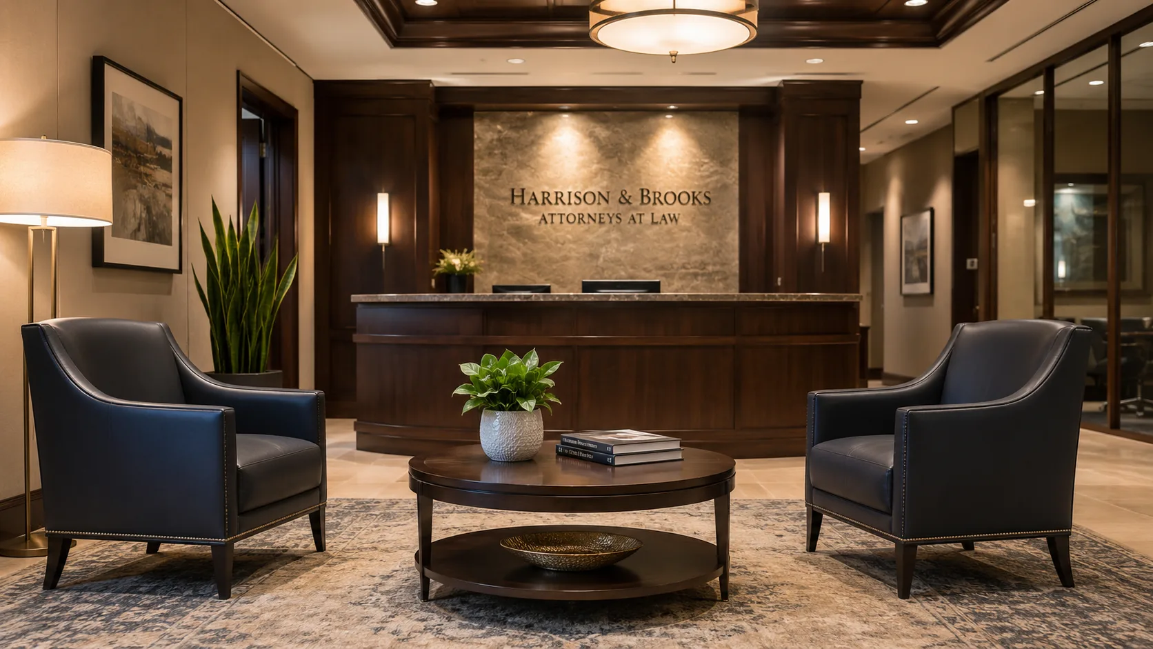Law firm reception with commercial furniture showing professional waiting area