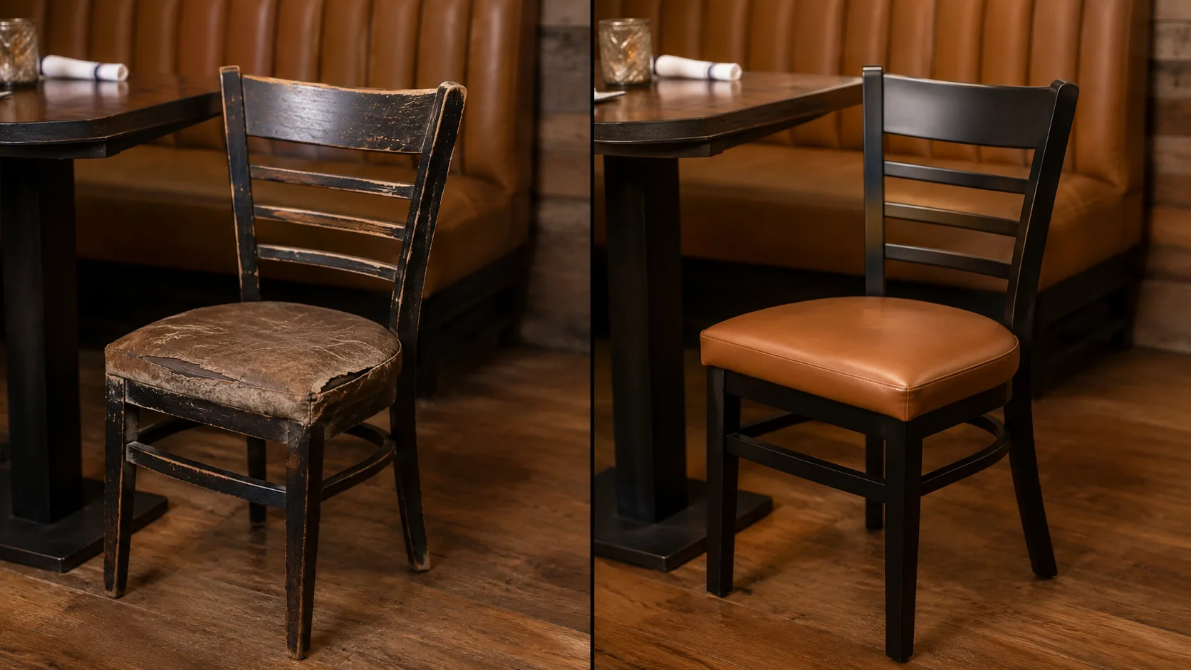 Restaurant chair before and after reupholstery showing fabric refresh