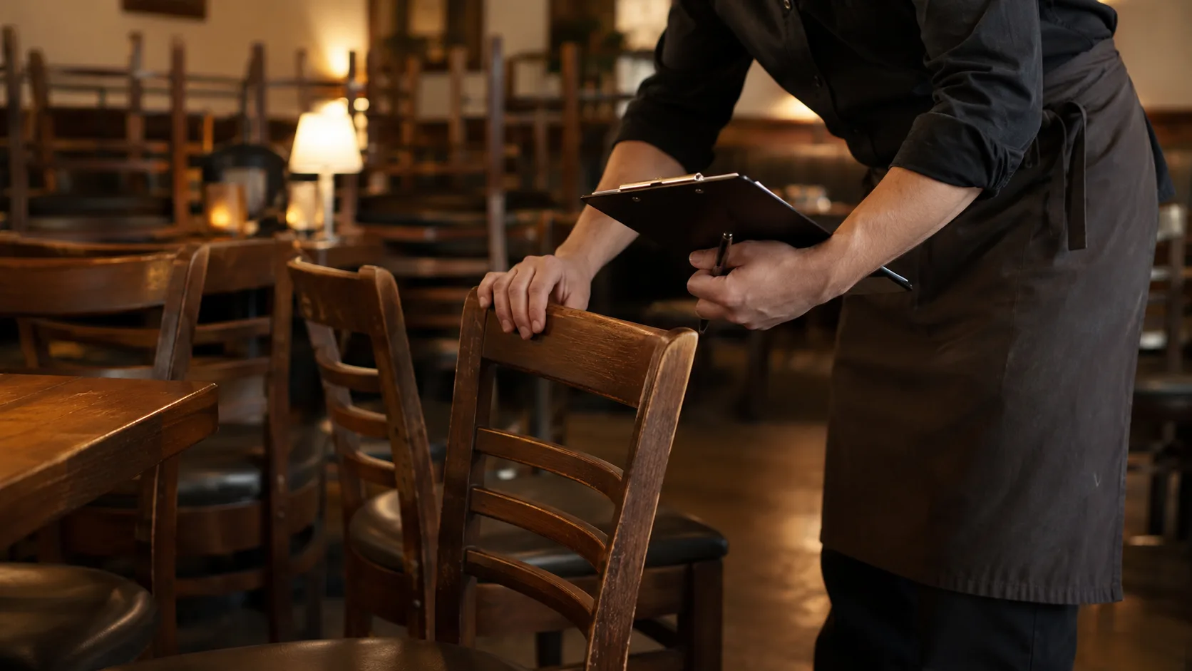 Restaurant furniture inspection showing staff reviewing chair condition