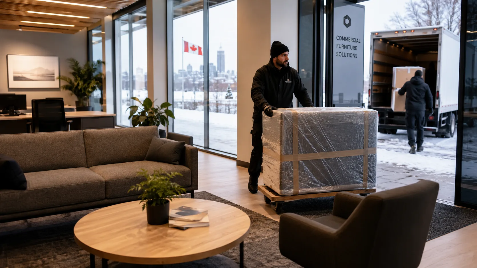 Commercial furniture Canada office delivery showing cross-border commercial furniture delivery