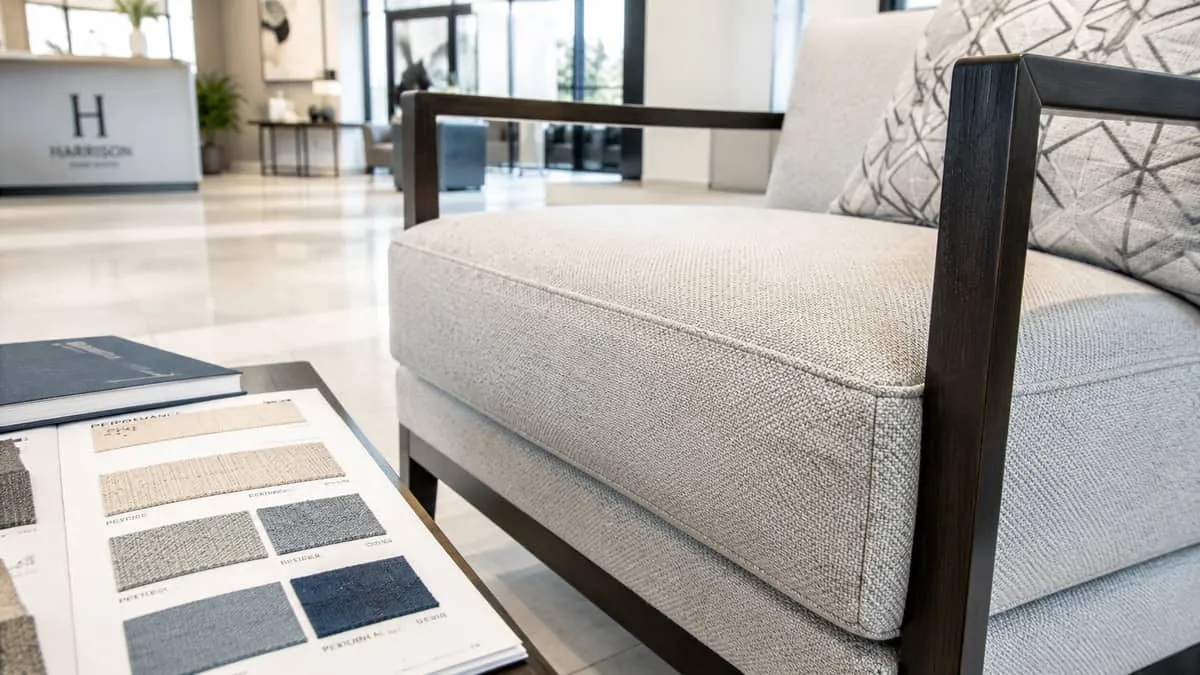 close-up detail shot of contract-grade upholstered seating showing quality stitching, tight fabric tension, and sturdy f