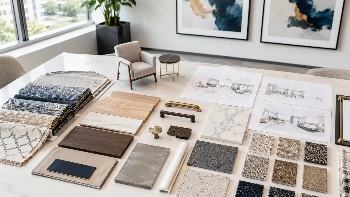 flat lay or organized display of FF&E items for a hospitality project: fabric swatches, furniture hardware samples, fini