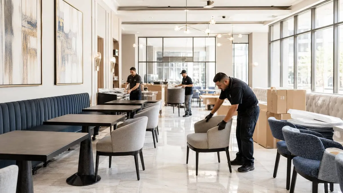 a Calgary hotel or restaurant space mid-renovation, with furniture being installed or arranged, natural light coming thr