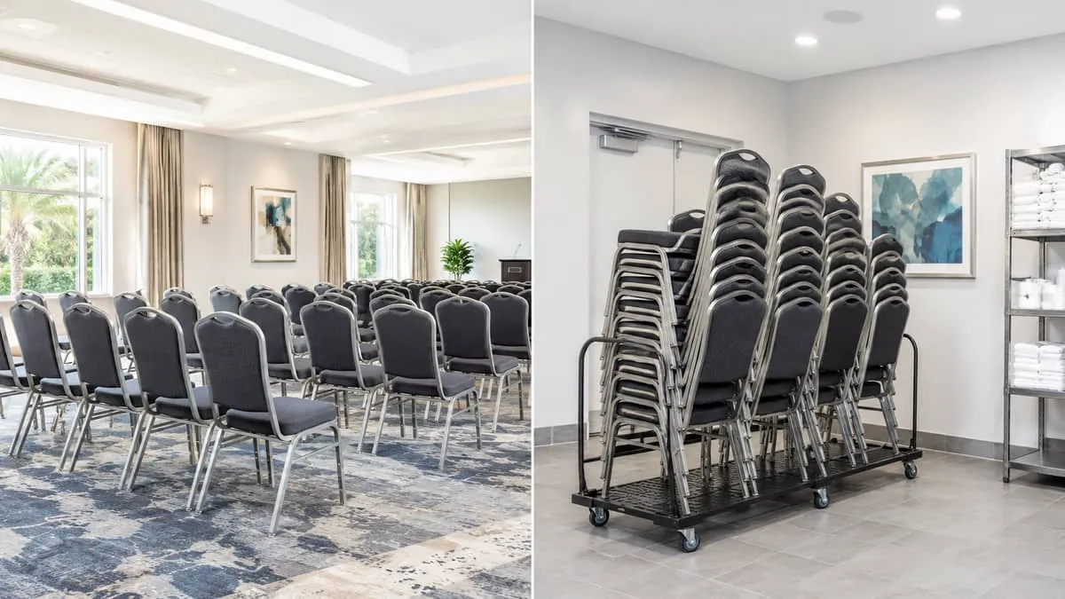 stackable banquet chairs shown in two configurations side by side, one set up in neat rows for a conference and one stac