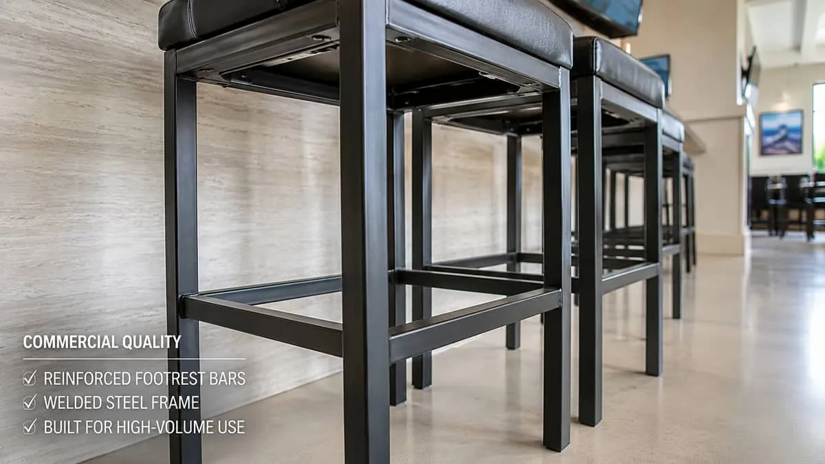 close-up of a commercial bar stool showing reinforced footrest and welded steel frame construction, demonstrating the he