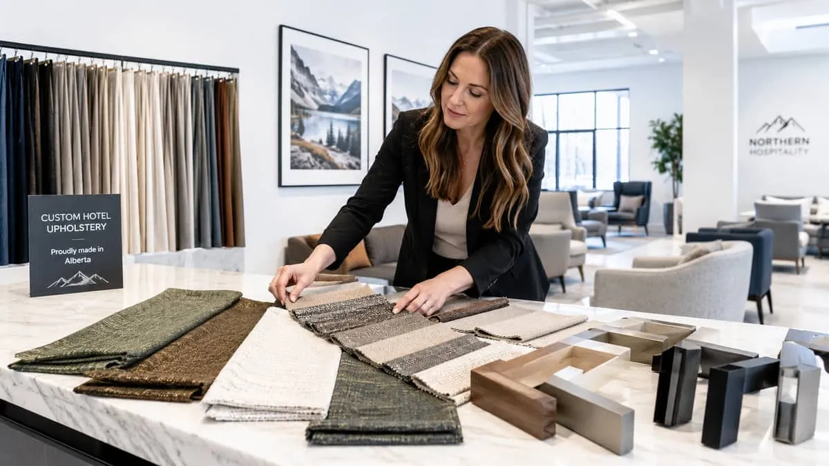 a fabric swatch selection process for custom hotel upholstery, showing a designer laying out fabric samples in earthy Al