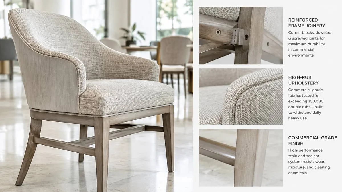 a close-up comparison of contract-grade chair construction, showing reinforced frame joinery, high-rub fabric, and comme