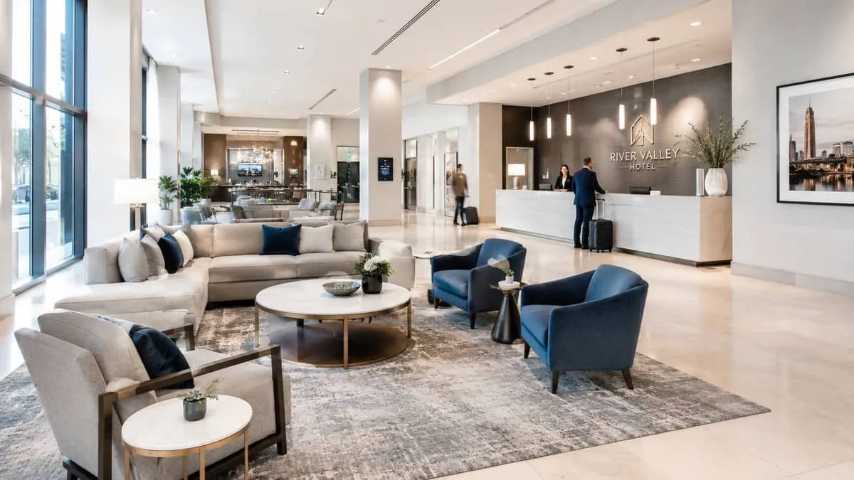 a hotel lobby in Edmonton featuring contract-grade seating, side tables, and a reception area, showing the polished, dur