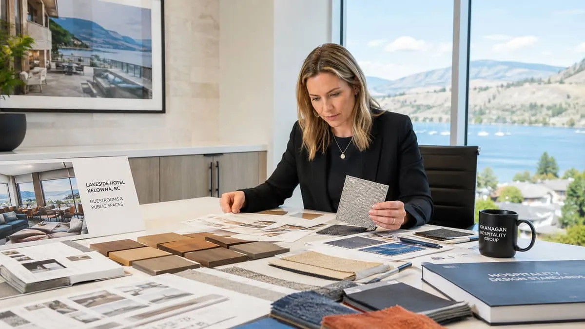 a designer or procurement manager reviewing furniture samples and spec sheets at a table, Okanagan or wine country setti
