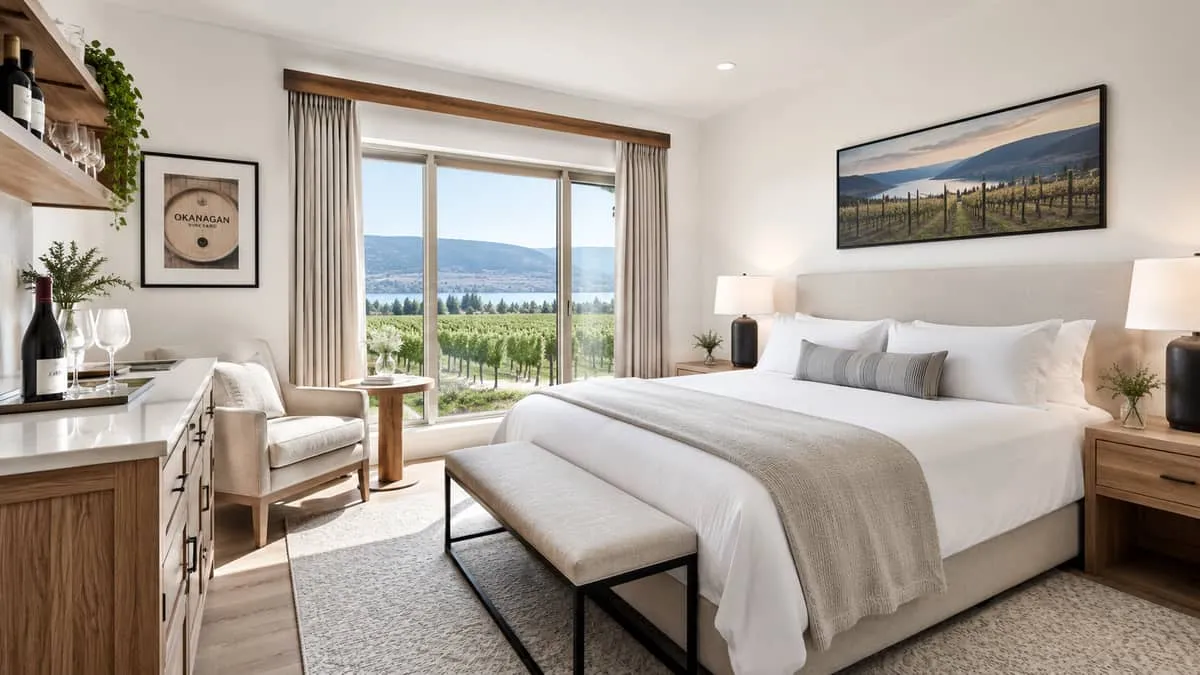 a boutique winery property guest suite in the Okanagan, showing tasteful contract furniture, wood accents, and warm ligh