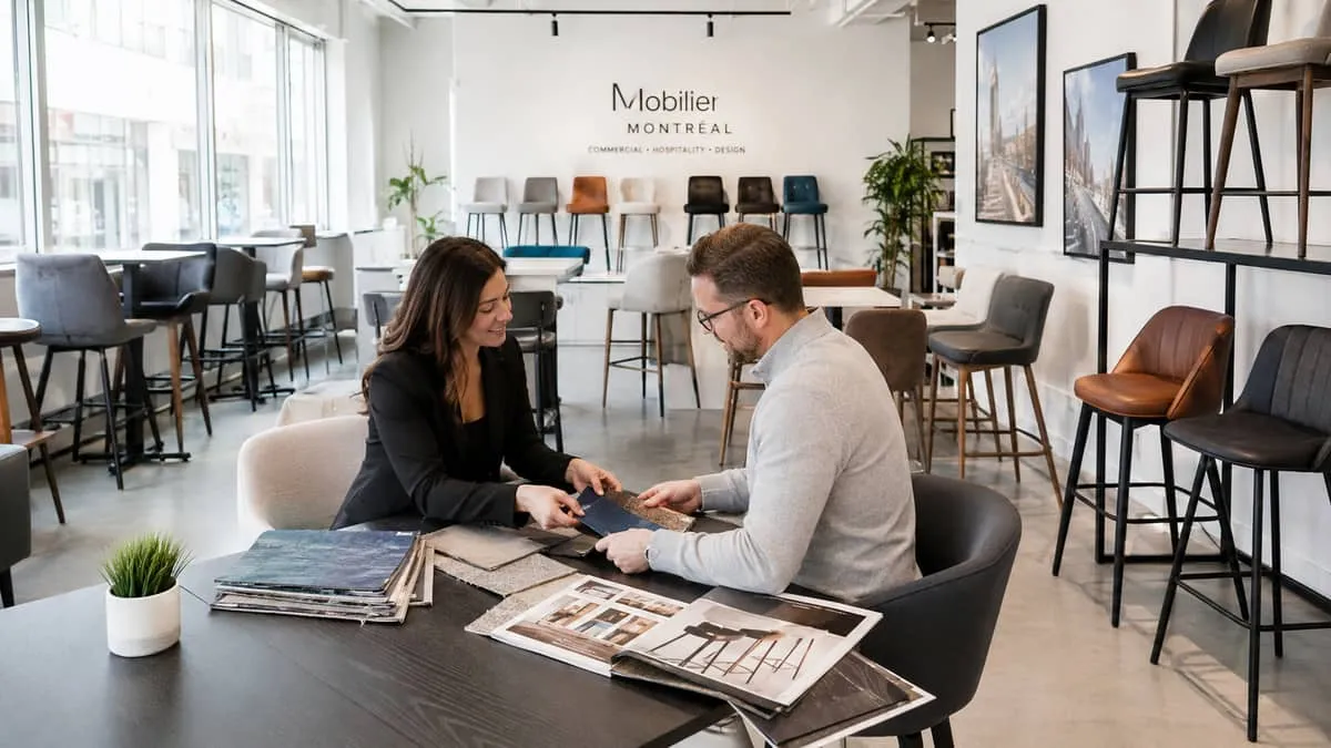 a furniture showroom or supplier setting showing a range of commercial bar stools and lounge chairs displayed together, 
