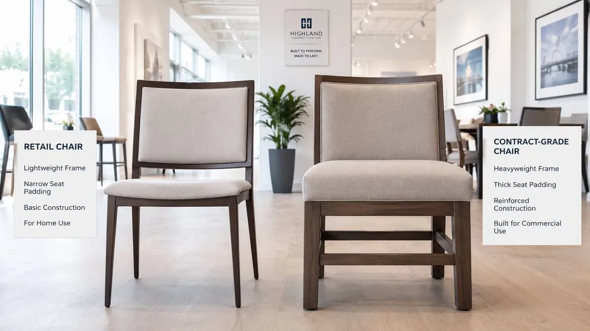 side-by-side comparison photo showing a retail chair versus a contract-grade chair, with visible differences in frame co