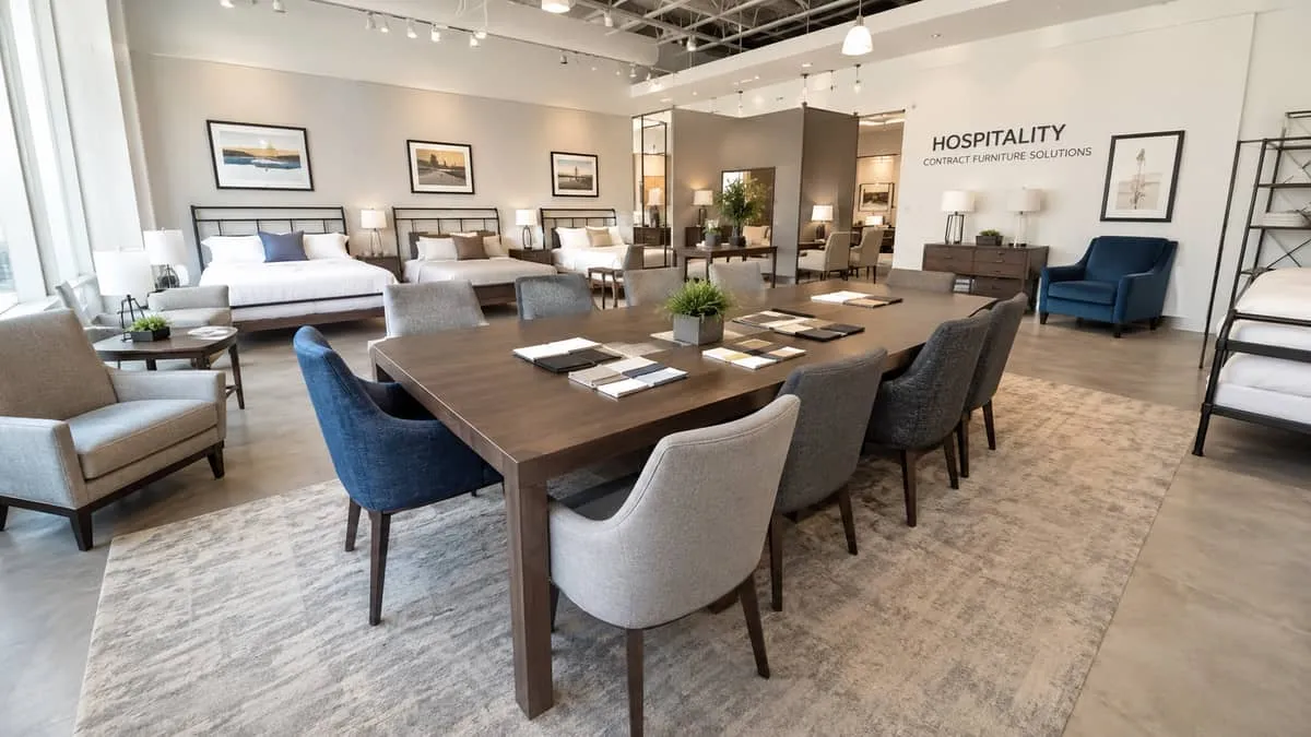 a contract furniture showroom with samples of hotel-grade upholstered chairs, solid wood side tables, and metal bed fram