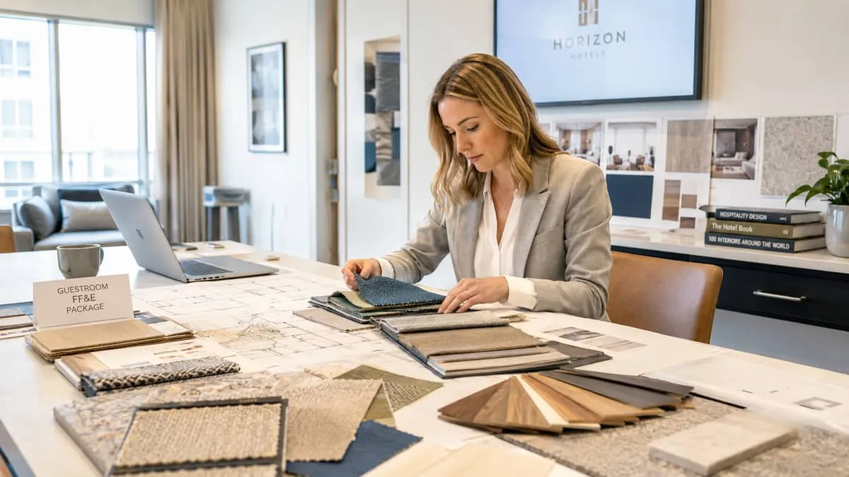 a hospitality procurement manager reviewing furniture fabric swatches and finish samples spread across a table alongside