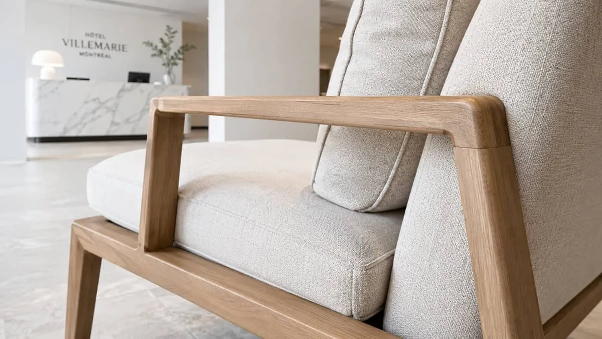 close-up of contract-grade lobby chair construction showing solid frame joinery and high-density foam cushioning, neutra