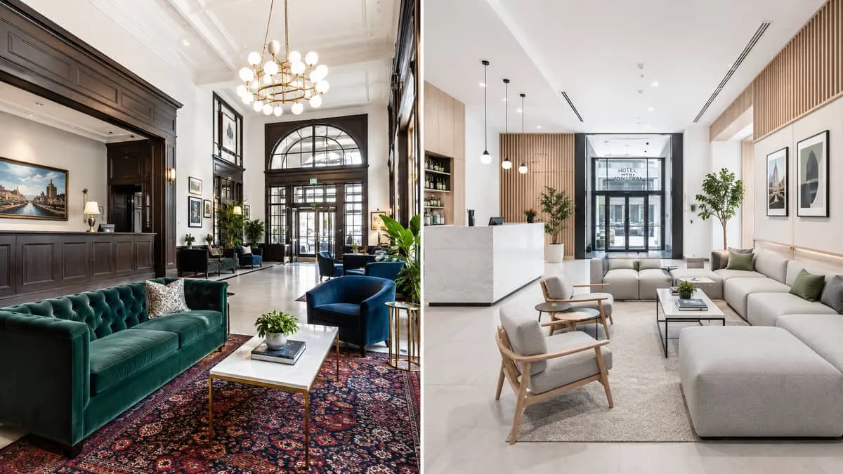 side-by-side comparison showing two Montreal hotel lobby styles: one warm and heritage-influenced with dark wood and jew