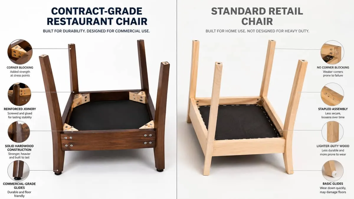 side-by-side construction comparison showing a contract-grade restaurant chair frame with corner blocking and reinforced