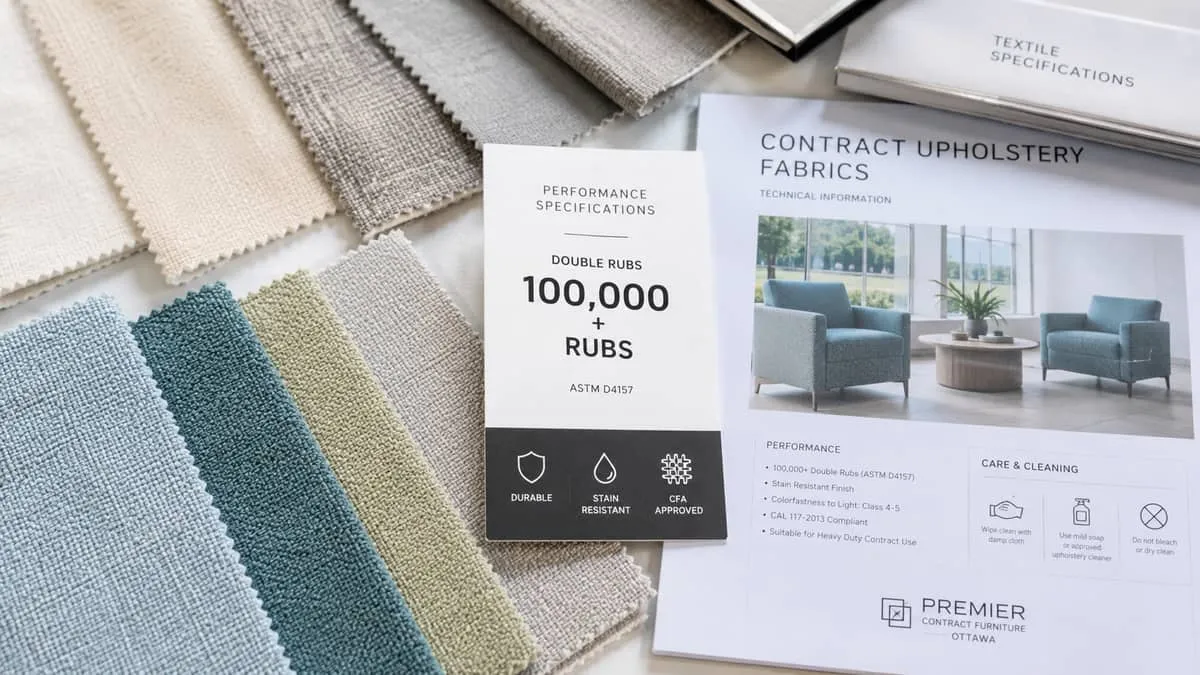 close-up of contract furniture fabric swatches and a double-rub rating label, showing the kind of material documentation