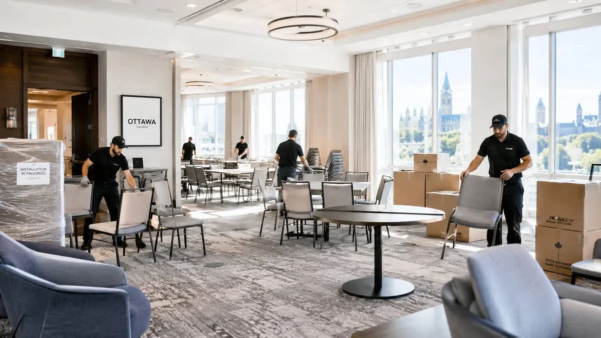 an Ottawa hotel conference room or restaurant interior mid-renovation, showing commercial furniture being arranged or in