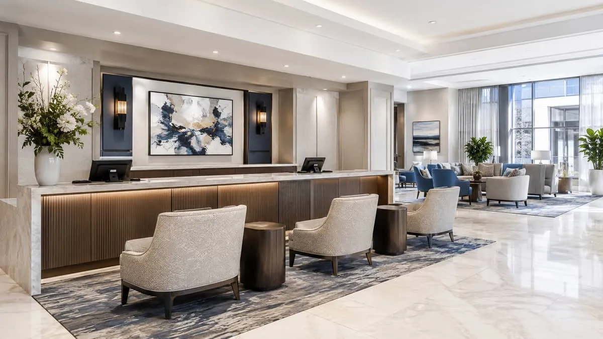 hotel reception desk area with coordinated front desk seating and lobby lounge furniture visible in the background, show