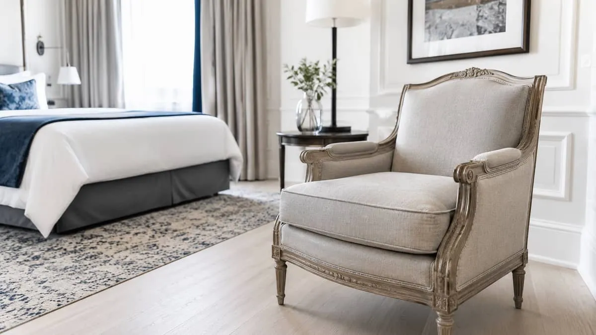 close-up of contract-grade upholstered chair with traditional French-style carved wood frame and durable linen-blend fab