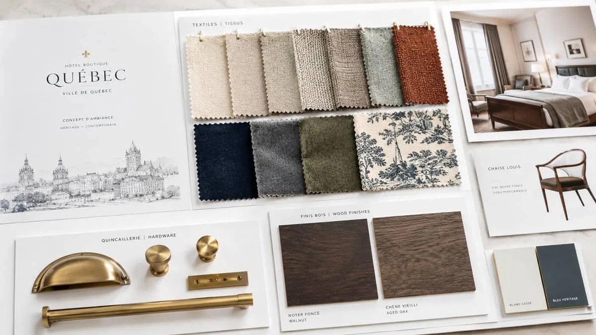 a sample board or material selection spread for boutique hotel furniture Quebec City showing fabric swatches in warm neu