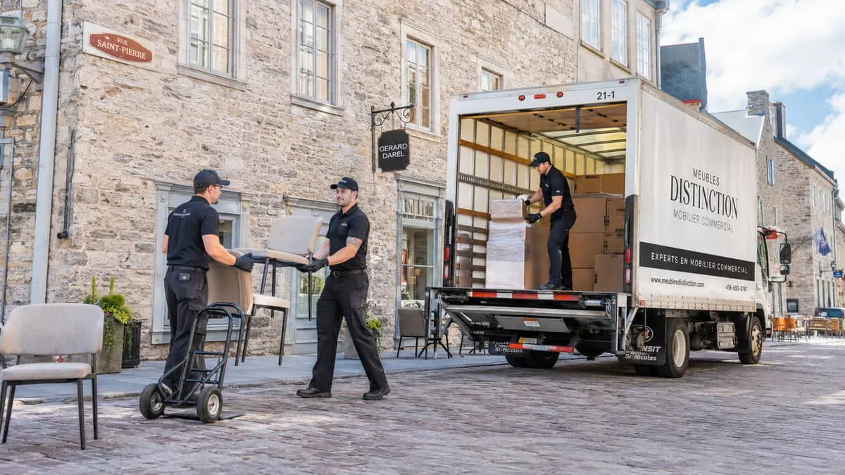 a contract furniture delivery being offloaded outside a historic stone building in Old Quebec, with cobblestone street v