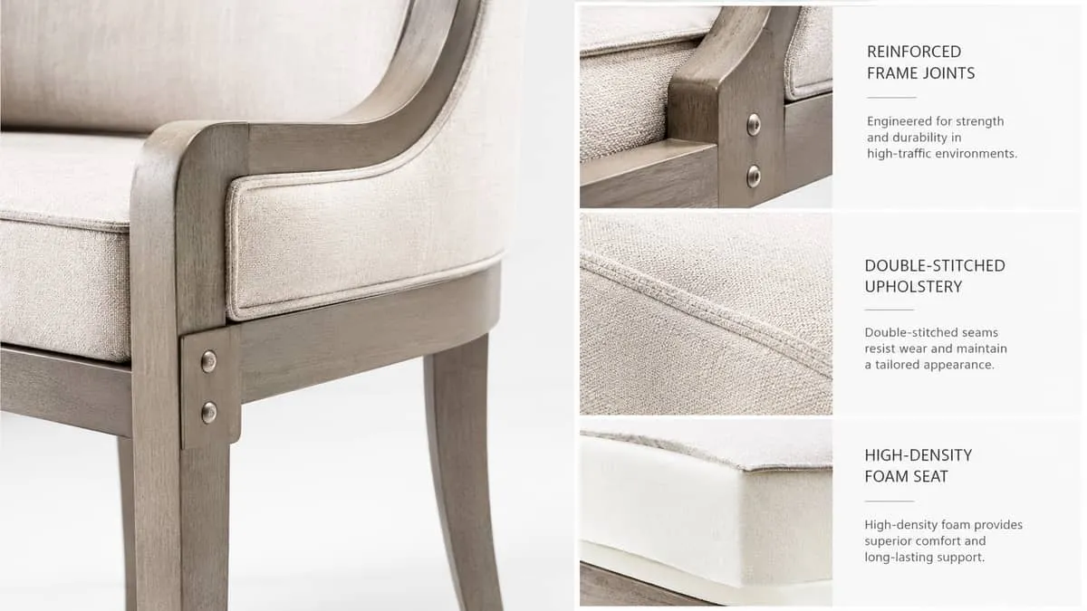 close-up of contract-grade chair construction showing reinforced frame joints, double-stitched upholstery seam, and high