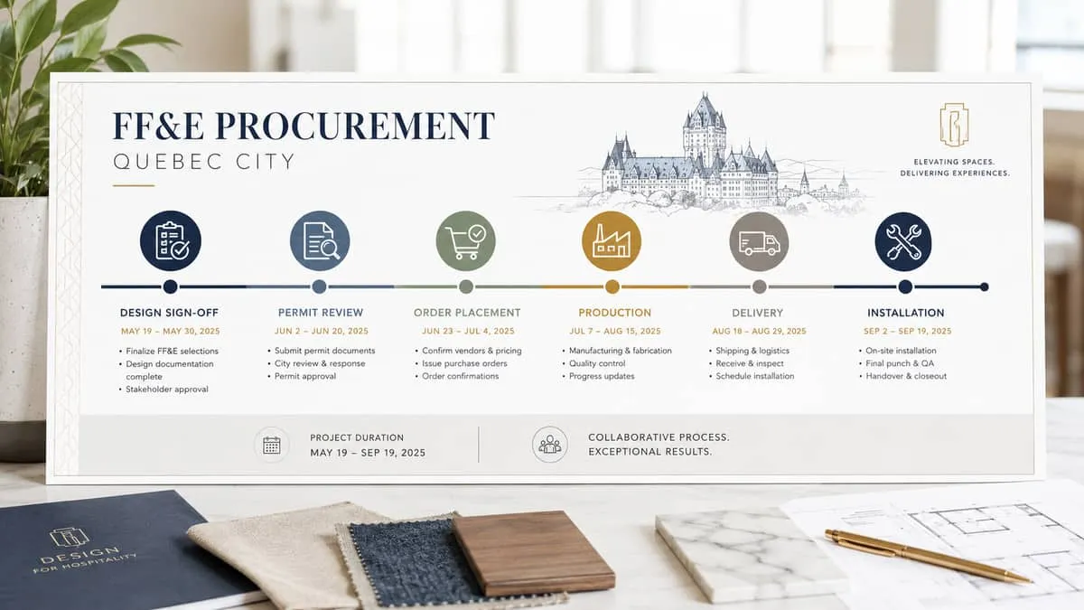 project timeline graphic showing FF&E procurement Quebec City phases from design sign-off through delivery, with key mil