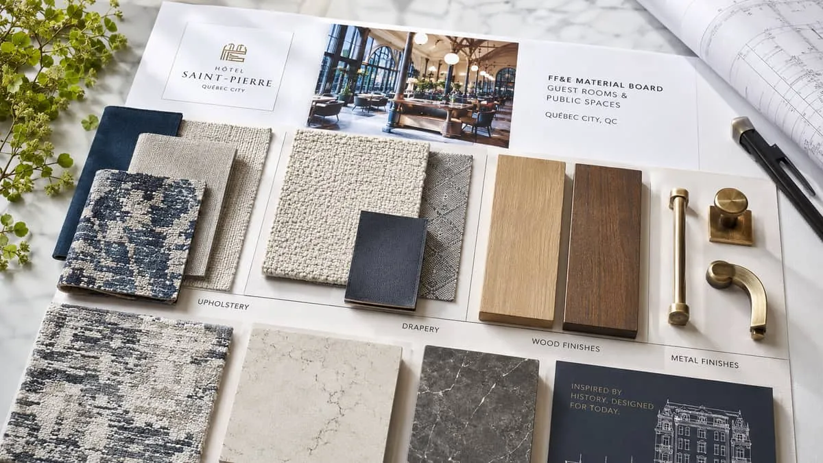 close-up of a fabric and material sample board for a hospitality FF&E project, showing upholstery swatches, wood finish 