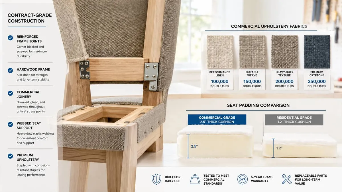 close-up of contract-grade chair construction showing reinforced frame joints, commercial fabric swatch labels with rub 