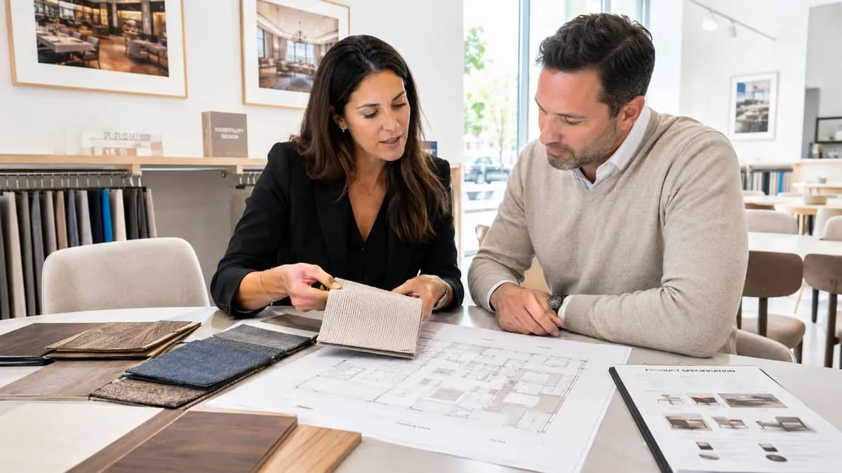 a meeting scene showing a hospitality operator reviewing furniture fabric samples and finish options with a supplier rep