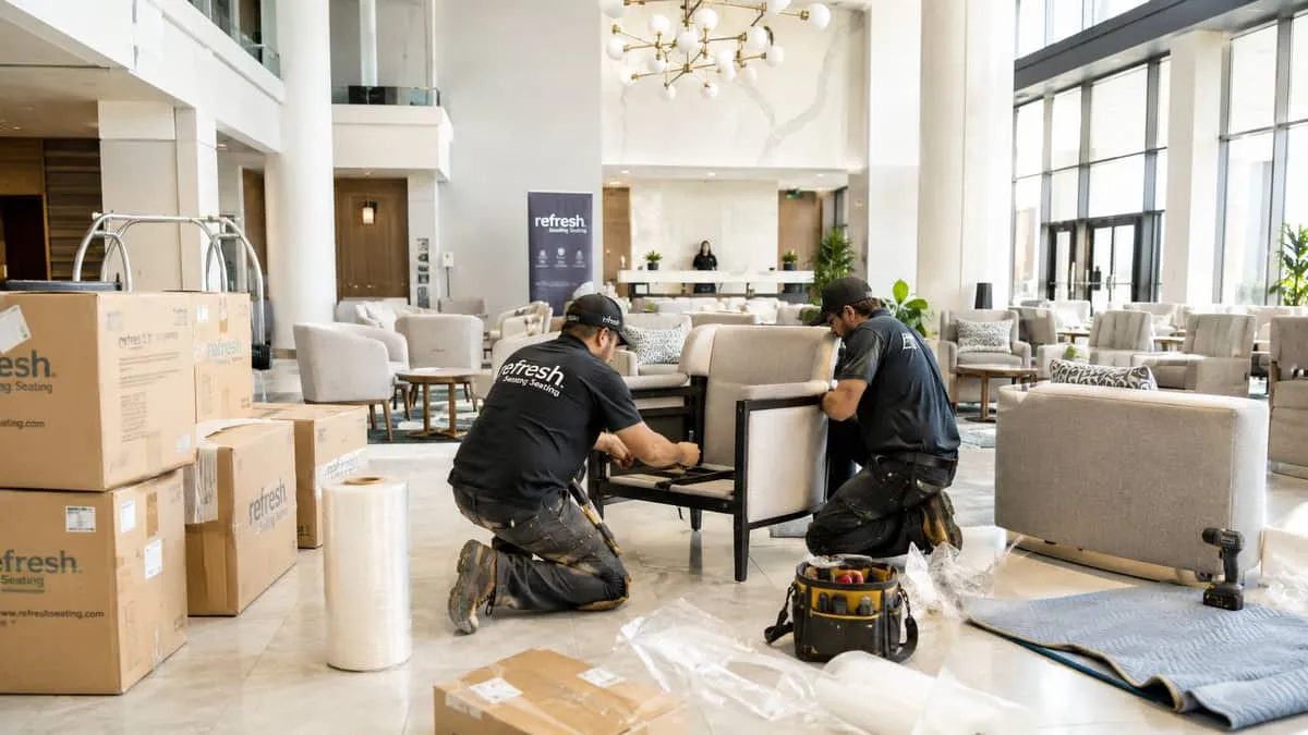 a commercial furniture delivery and installation scene showing workers carefully unloading and assembling contract-grade