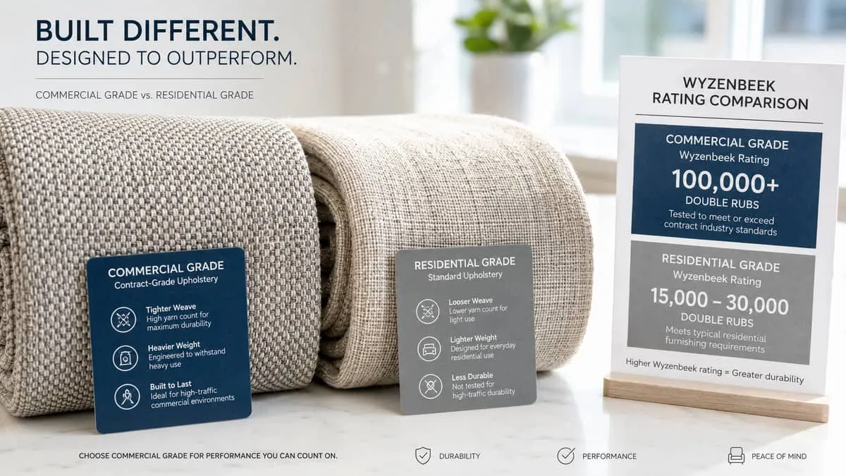 close-up comparison of contract-grade upholstery fabric versus standard residential fabric, showing the tighter weave an