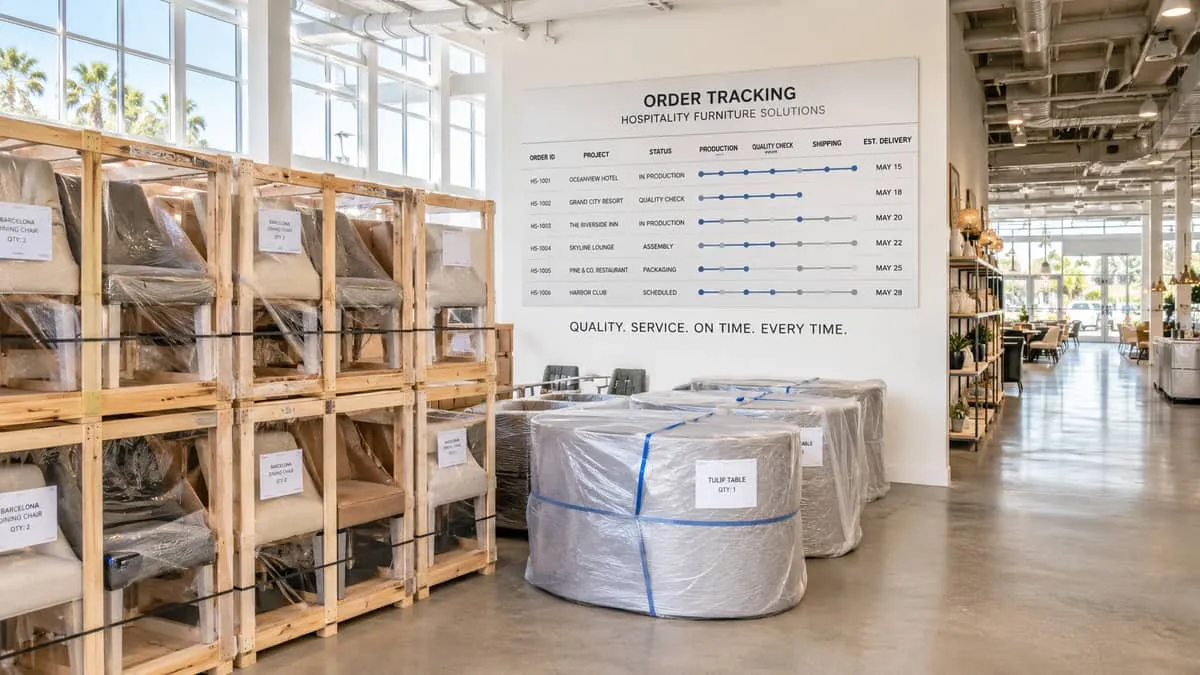 a commercial furniture showroom with stacked crated chairs and wrapped tables ready for delivery, alongside a visible or