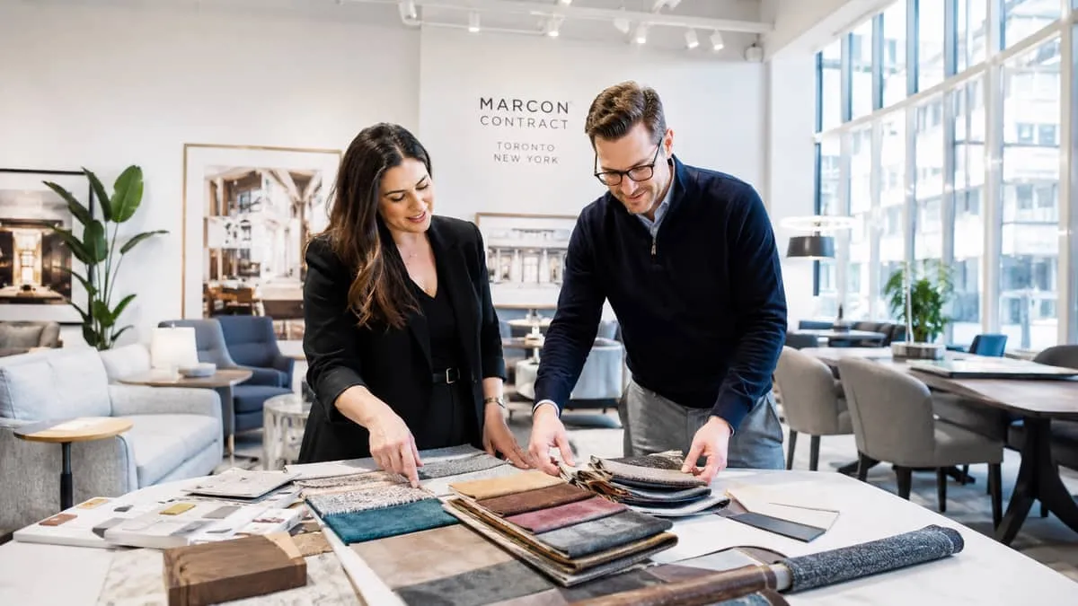 a hospitality buyer and commercial furniture supplier representative reviewing fabric swatches and furniture samples spr