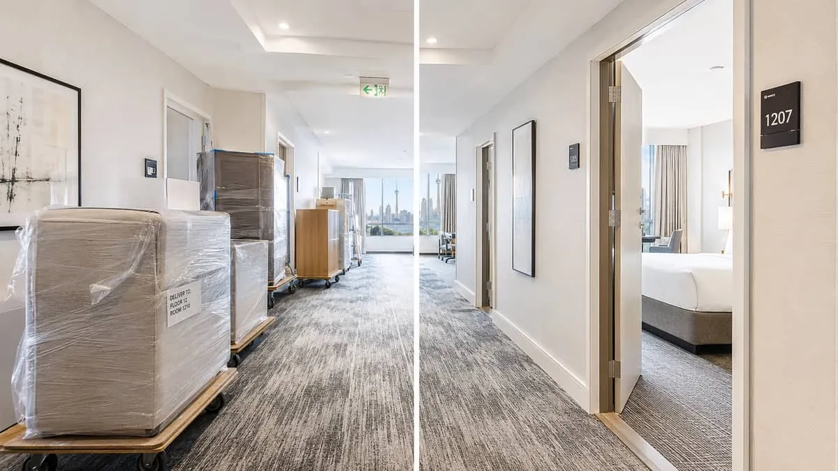 split-image showing a hotel corridor in mid-renovation with new FF&E being delivered on one side and finished, occupied