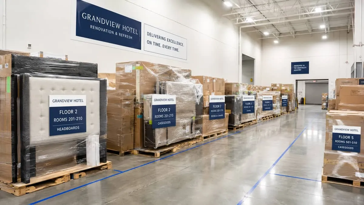 warehouse or distribution facility interior showing palletized hotel furniture staged and labeled for phased delivery to