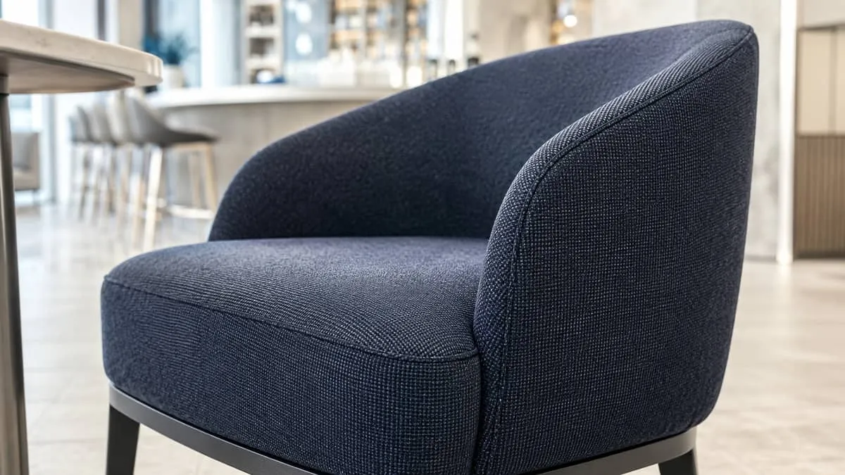 close-up of performance upholstery fabric on a commercial lounge chair, showing texture and stitching detail, in a dark 