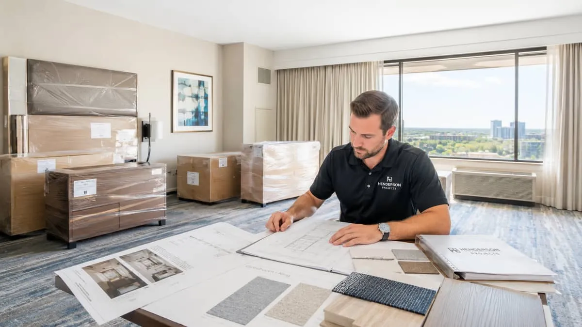 a project manager reviewing FF&E specification documents at a table in an empty hotel guestroom under renovation, with n