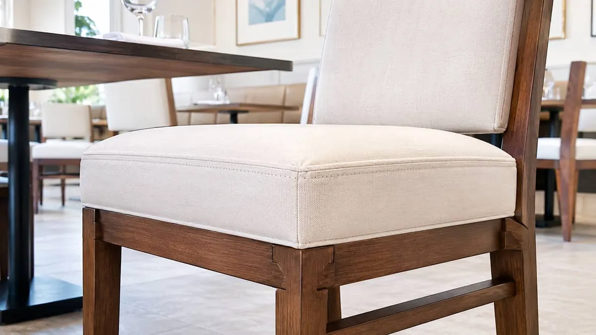 close-up of a contract-grade upholstered dining chair showing reinforced joinery at the legs and double-stitched seam de