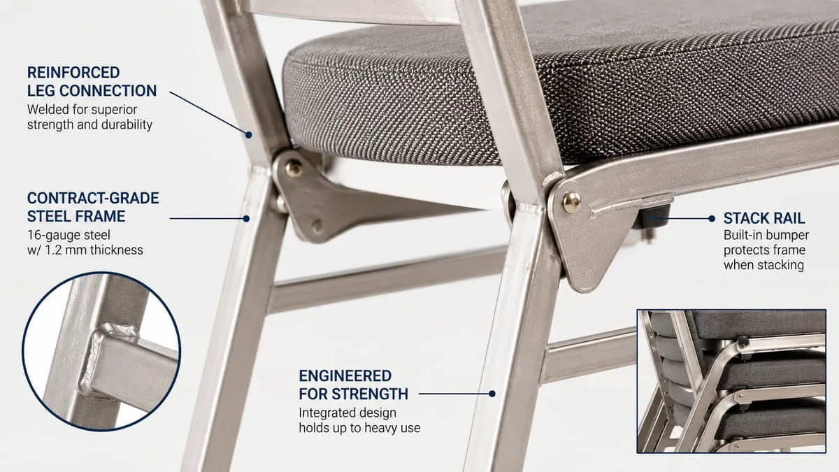 close-up of contract-grade banquet chair joint construction and frame gauge, showing the reinforced leg connection and s